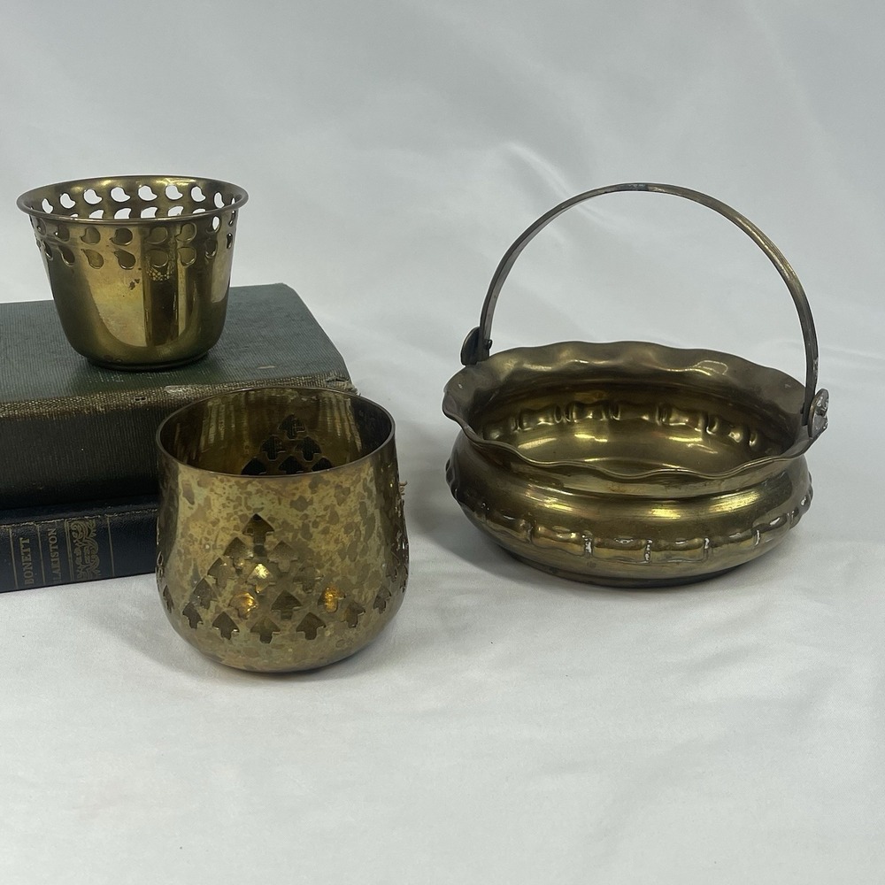 Vintage Solid Brass Basket & Votive Holders Set India Tea Light Candleholders